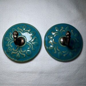 Set of 2 Anthropologie Decorative Ceramic & Iron Wall Hooks - Teal Floral 3.5”